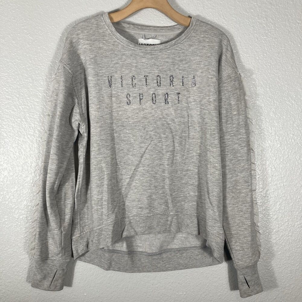 Victoria Sport Cropped Oversized Sweatshirt Women L Gray Glitter Graphic Ruffle